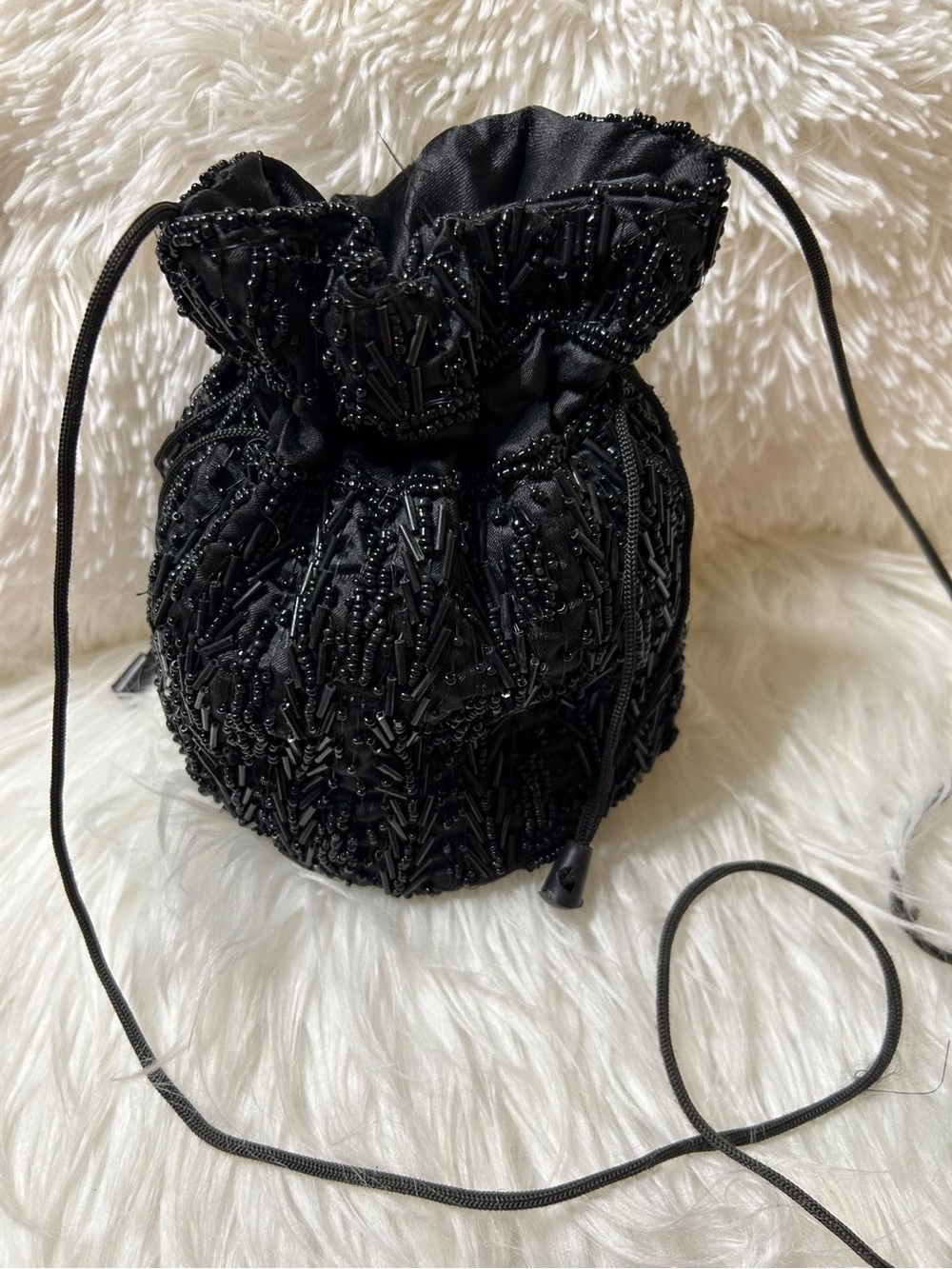 Black Beaded Drawstring Pouch Bag